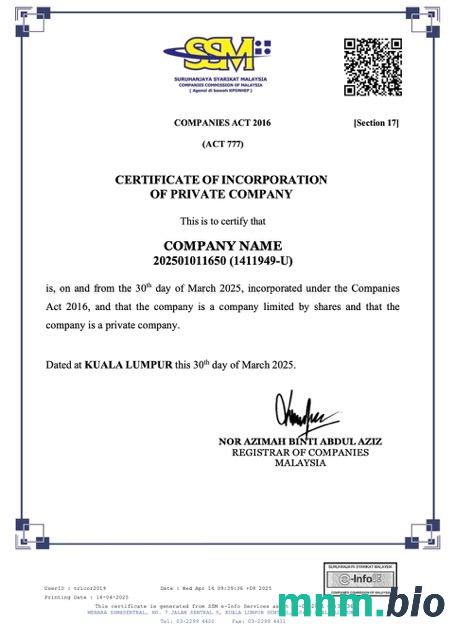 Malaysia vcertyfikat of inkorporacja of private company Word i szablon PDF
